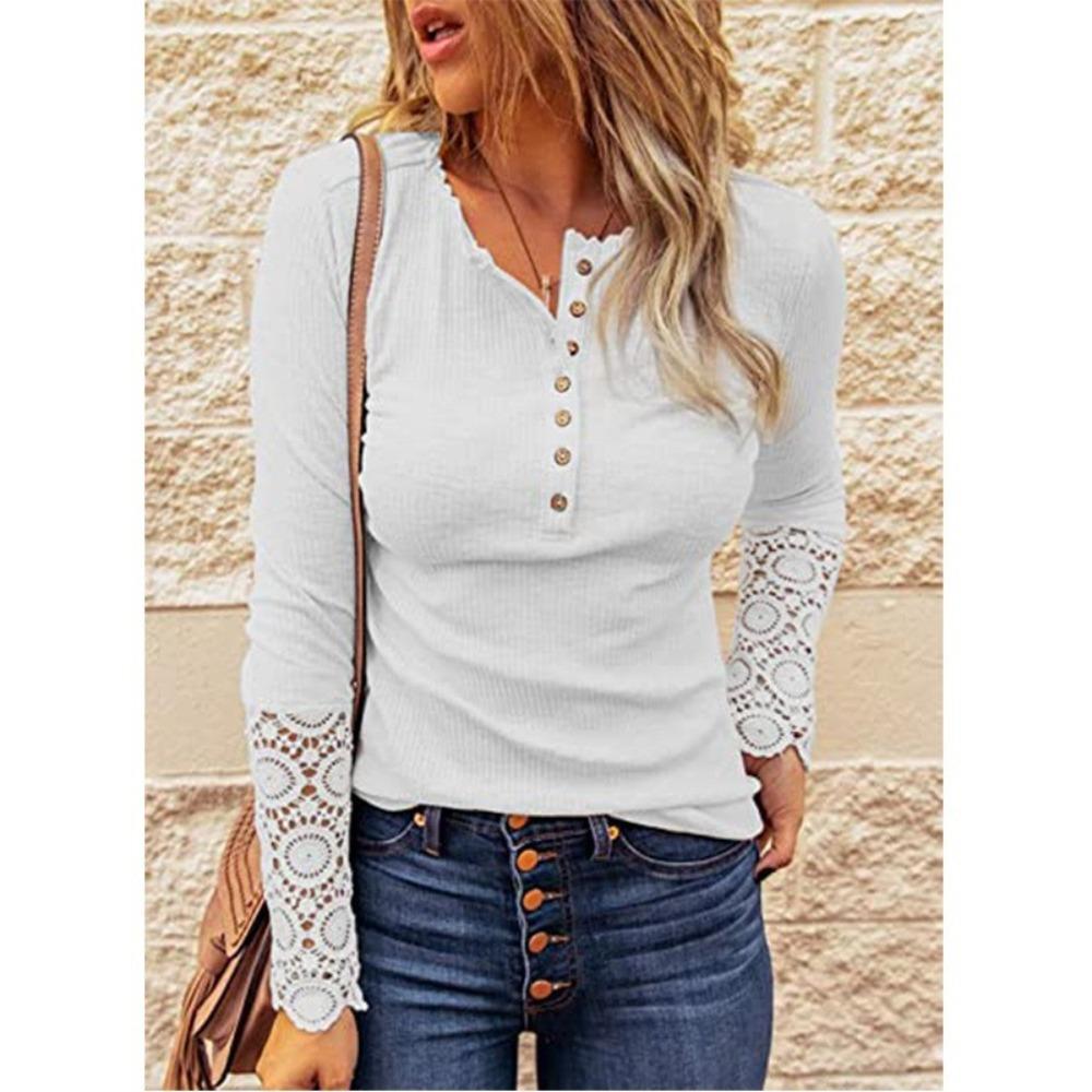 Fashionable Slim-fit Solid-color Round-neck Single-button Lace Base Long-sleeved Top