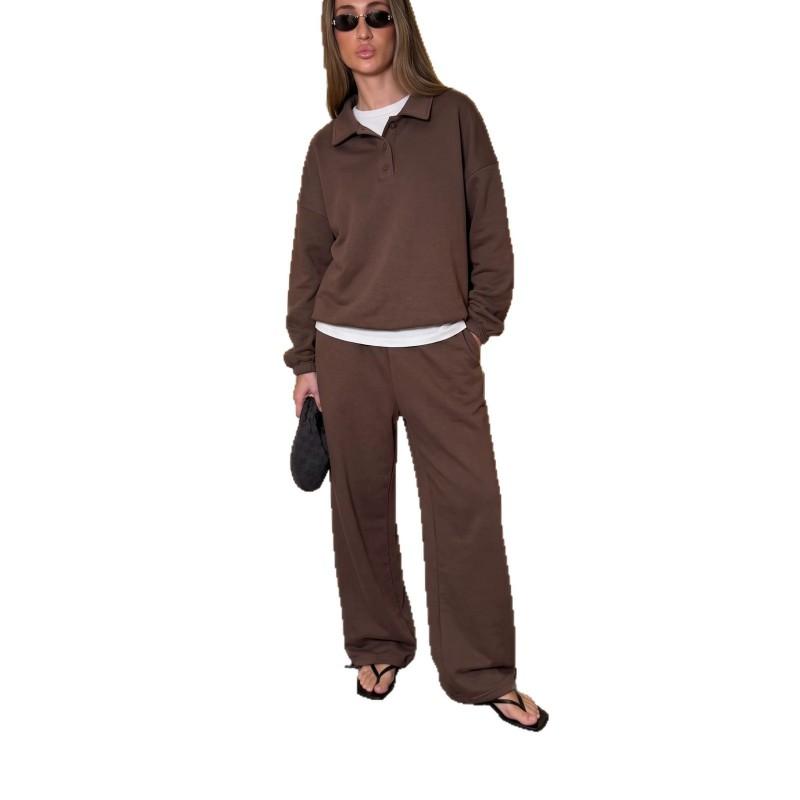 2026 Womens 2-Piece Casual Set Long Sleeve Polo Top Wide Leg Pants Sportswear