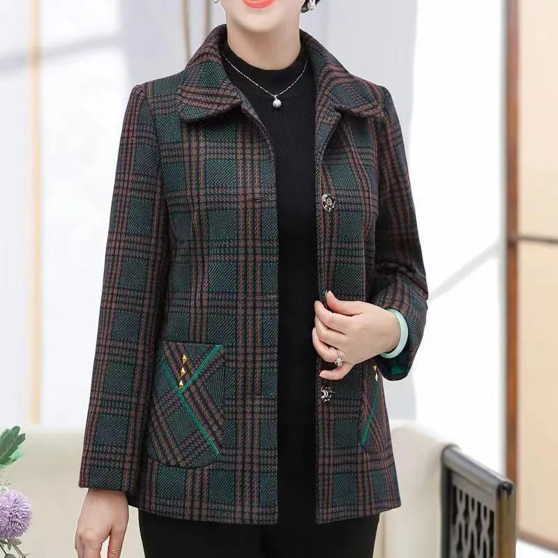 

Women s Spring Autumn Lining Plaid Jacket Grandma Buttons Casual Outerwear Loose Female Tops 2XL