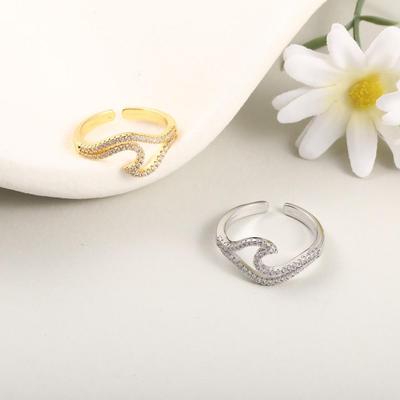 Versatile Women's Double Wave Gold-Plated Copper Ring with Micro-Set Zircon, Adjustable Size