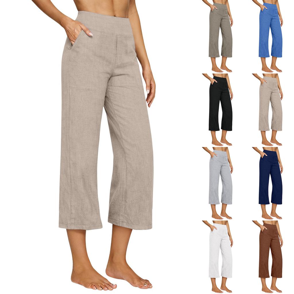 Women's Fashionable Loose-Fit Pocket Cotton-Linen Blend High-Waisted Wide-Leg Pants Casual Cropped Trousers