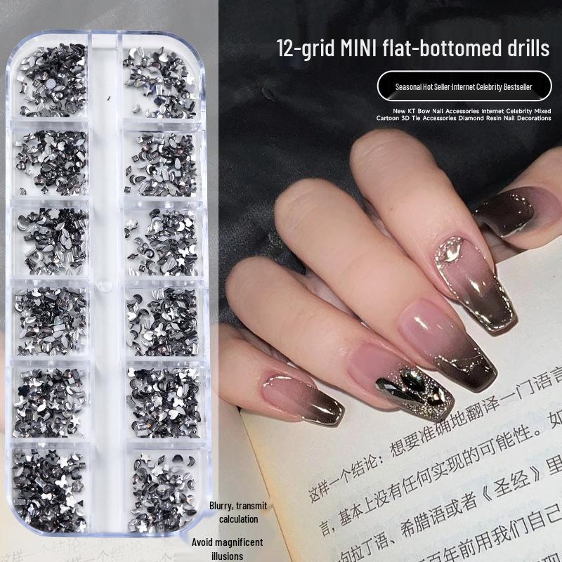 12-Grid Mini Nail Art Rhinestones, Colorful Irregular Champagne Crystals, Super Flash Flatback Nail Accessories.