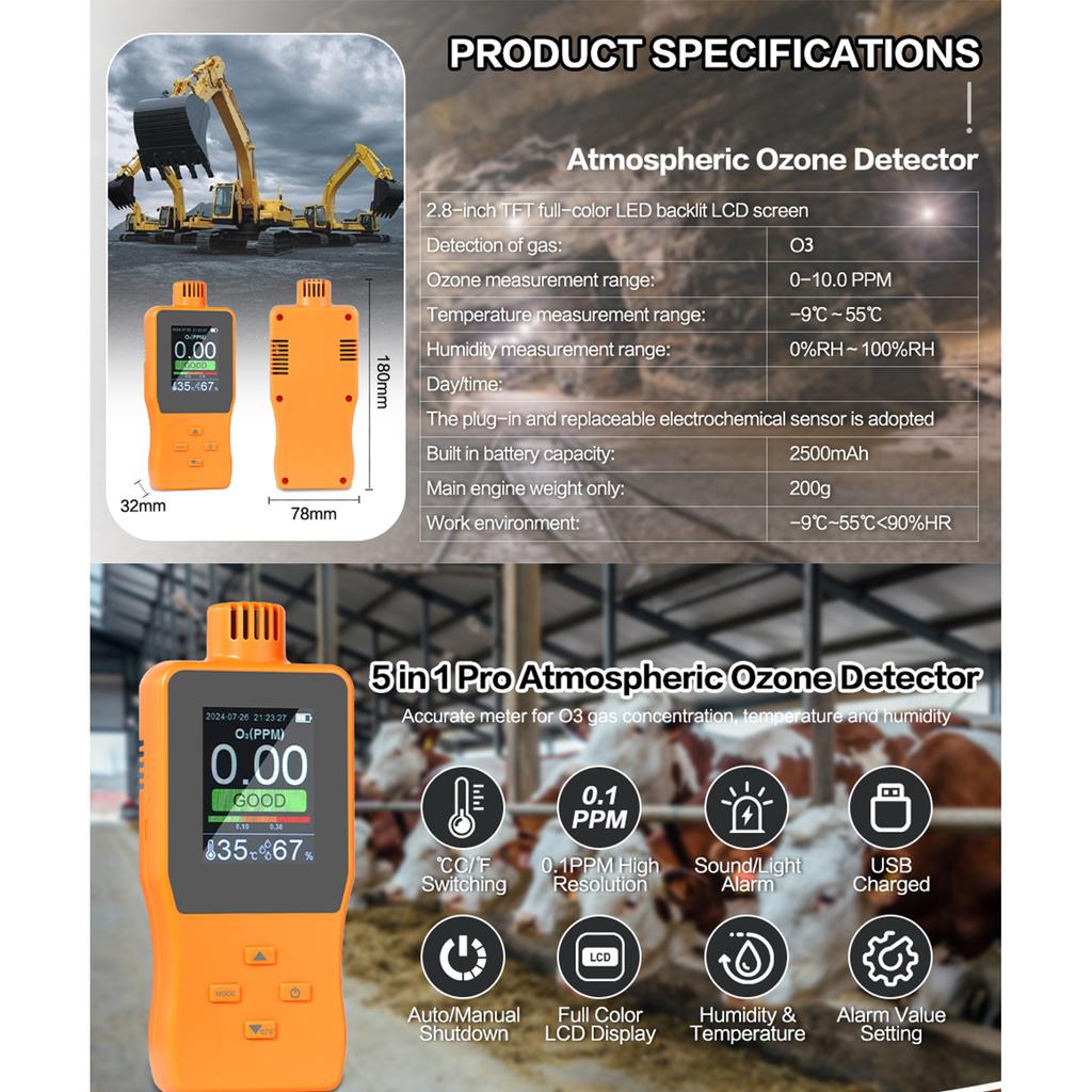 Portable Ozone Meter 0-10.0 PPM O3 Temperature Humidity Gauge 2.8 In Full Color LCD Screen Multifunctional Air Quality Monitor 2500mAh Lithium Battery