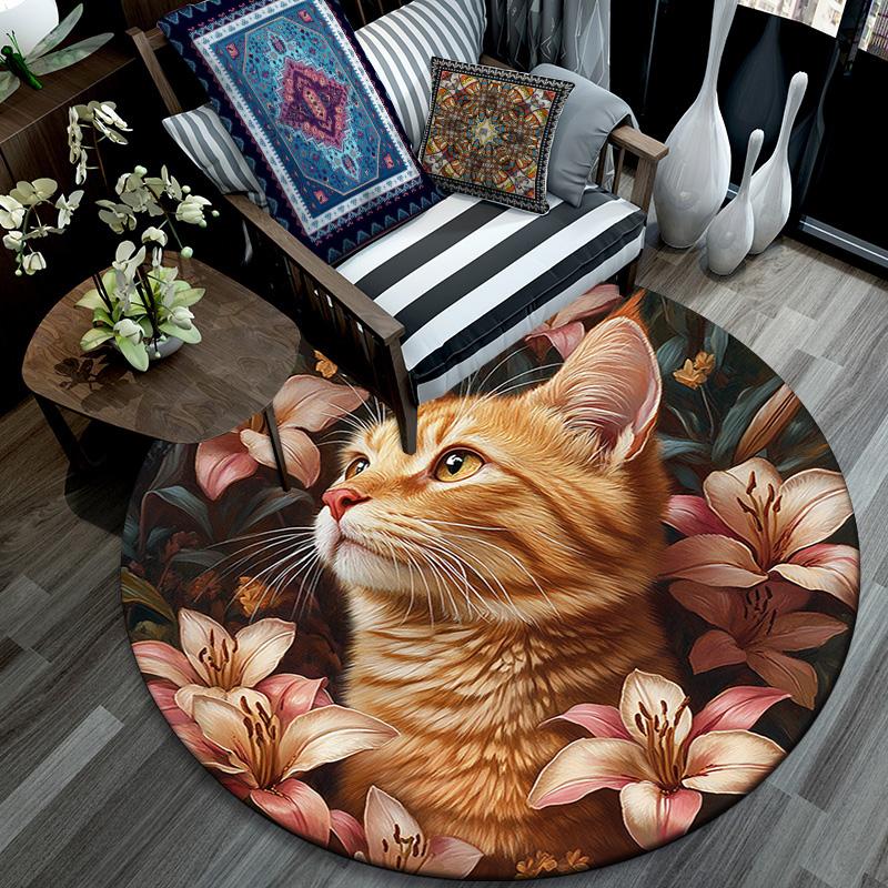 Orange Cat Round Area Rug,Carpet Rug for Living Room Bedroom Sofa Playroom Decor,Non-slip Floor Mat