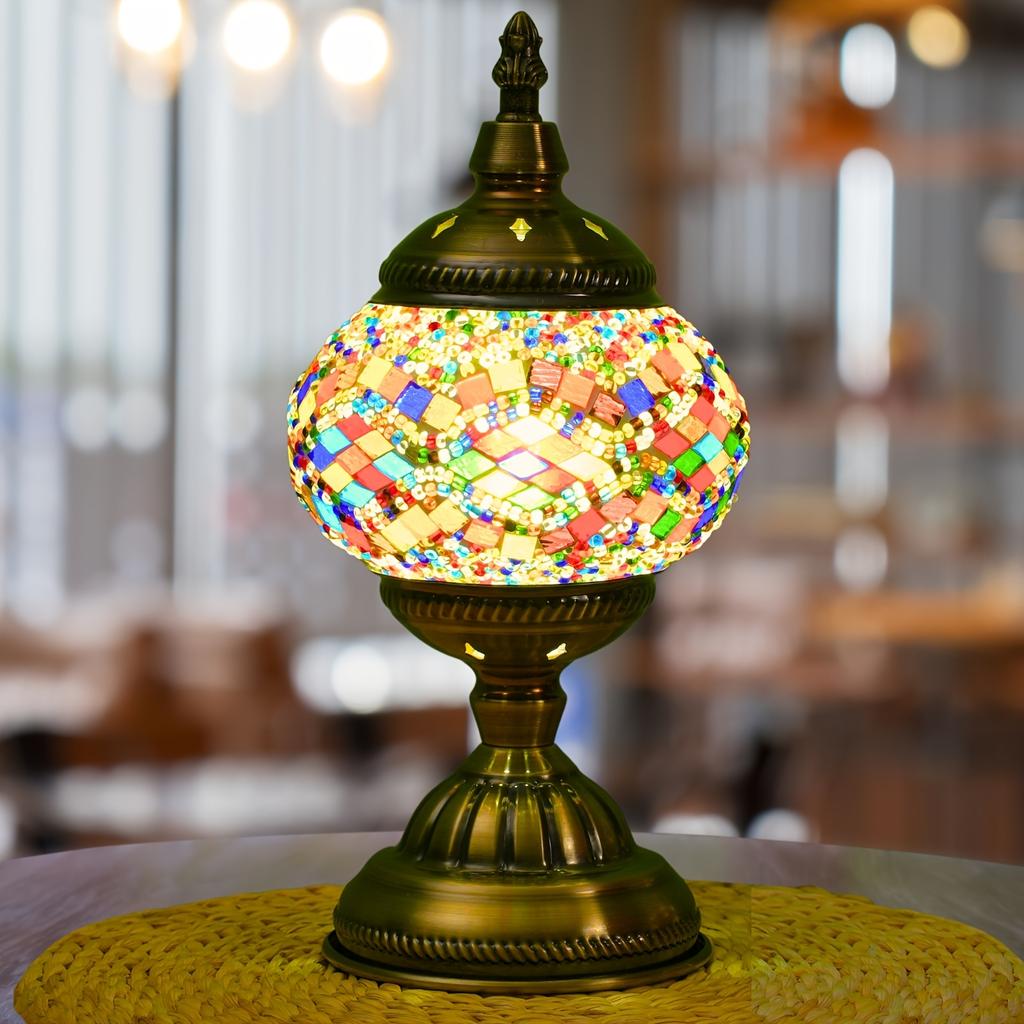Handcrafted Turkish Mosaic Table Lamp - Halloween Pumpkin Night Light, 3-Color Dimmable Glass Bedside Lamp With Metal Base, Includes Bulb