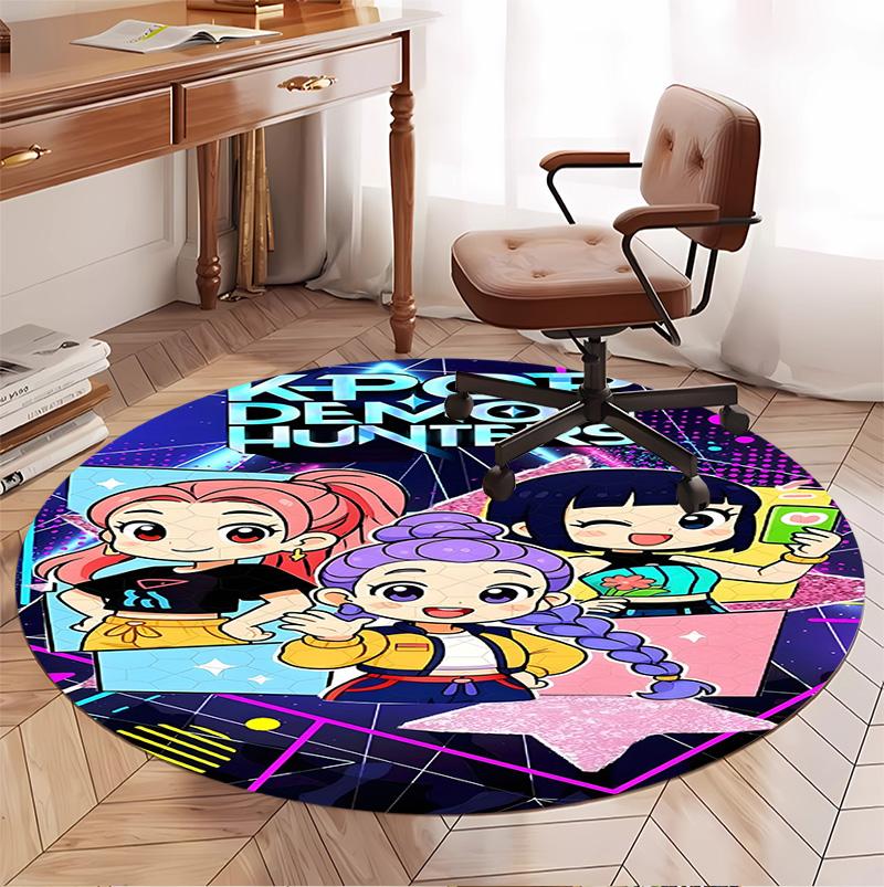 KPop Demon Hunters Pattern Round Rug, Indoor/Outdoor Mat, for Picnic, Gameroom, Bedroom, Office, Living Room, Home Decor Carpet, Birthday Gift