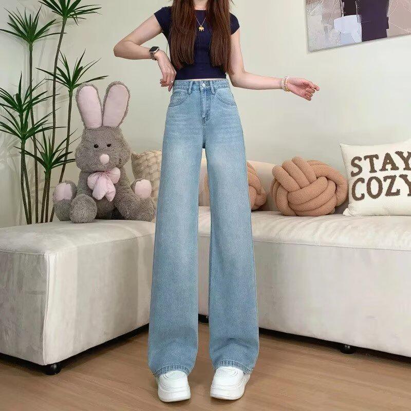 Women s High-Waisted Washed Blue Straight-Leg Jeans - Loose Fit, Floor-Length Denim Pants S
