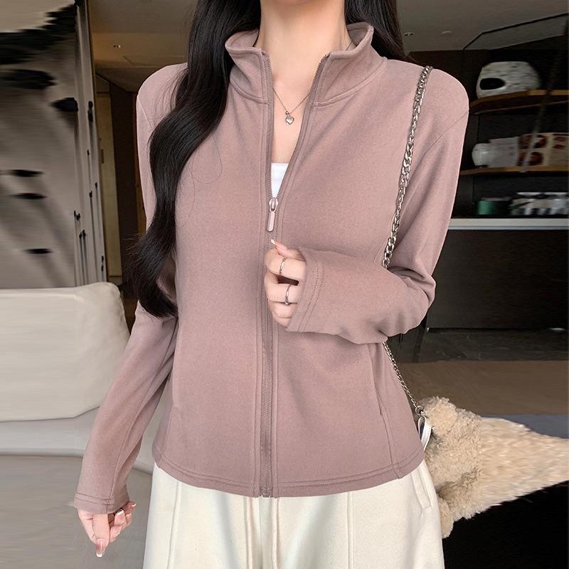 Women S Stand Collar Zip Up Thick Slim Fit Long Sleeve Jacket With Pockets