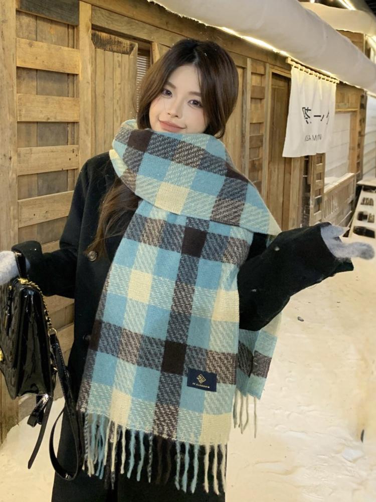 Casual Plaid Scarf Women Blue Plaid Warm Fringe Scarf Korean Style Fashion Soft Thick Shawl For Autumn Winter Unisex Male Lady