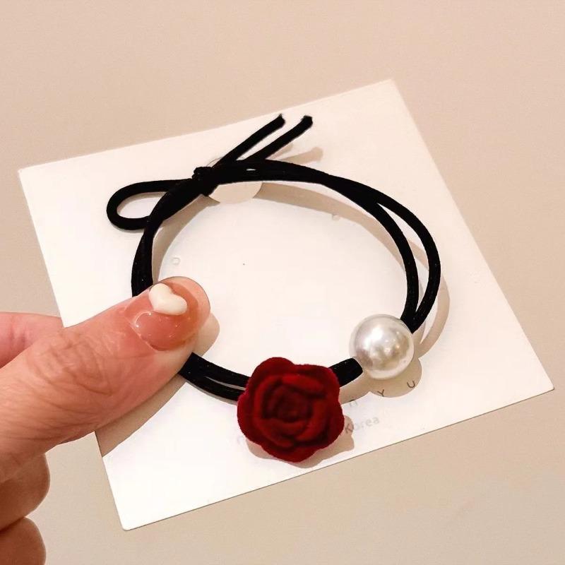 3Pcs Temperament Rose Hair Rope Gentle Ponytail Pearl Head Rope High Elastic Tie Hair Headwear Girls Women Hair Accessories