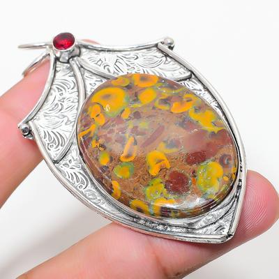 Natural Bamboo Jasper, Garnet Gemstone 925 Sterling Silver Pendant 2.96" S1y81