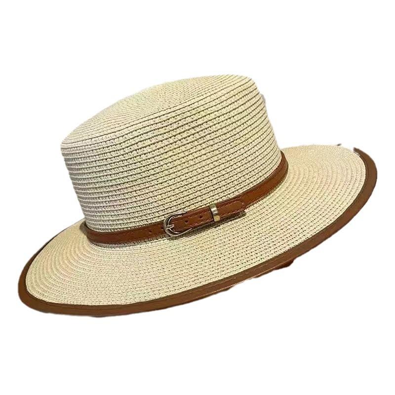 My Extreme Outdoor Activities Women's White New Summer French Vintage Flat Brim Straw Hat For - Elegant Belt Buckle Design, Uv Protection Sun Bucket Cap 56-58Cm
