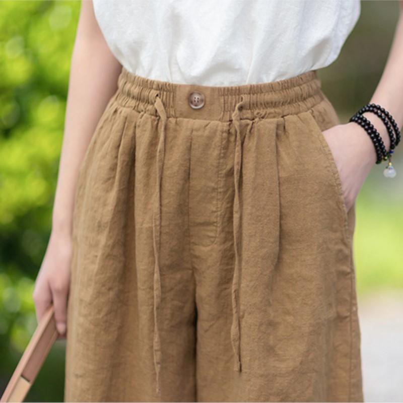 Johnature Women Vintage Straight Pants Summer Chinese Style Solid Color Loose Trousers Elastic Waist Pants