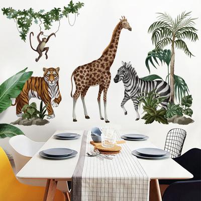 Adesivi murali animali della giungla per bambini, camera da letto, adesivi murali cartoni animati, tigre, giraffa, elefante, leone, cerbiatto, volpe, decorazioni per la casa