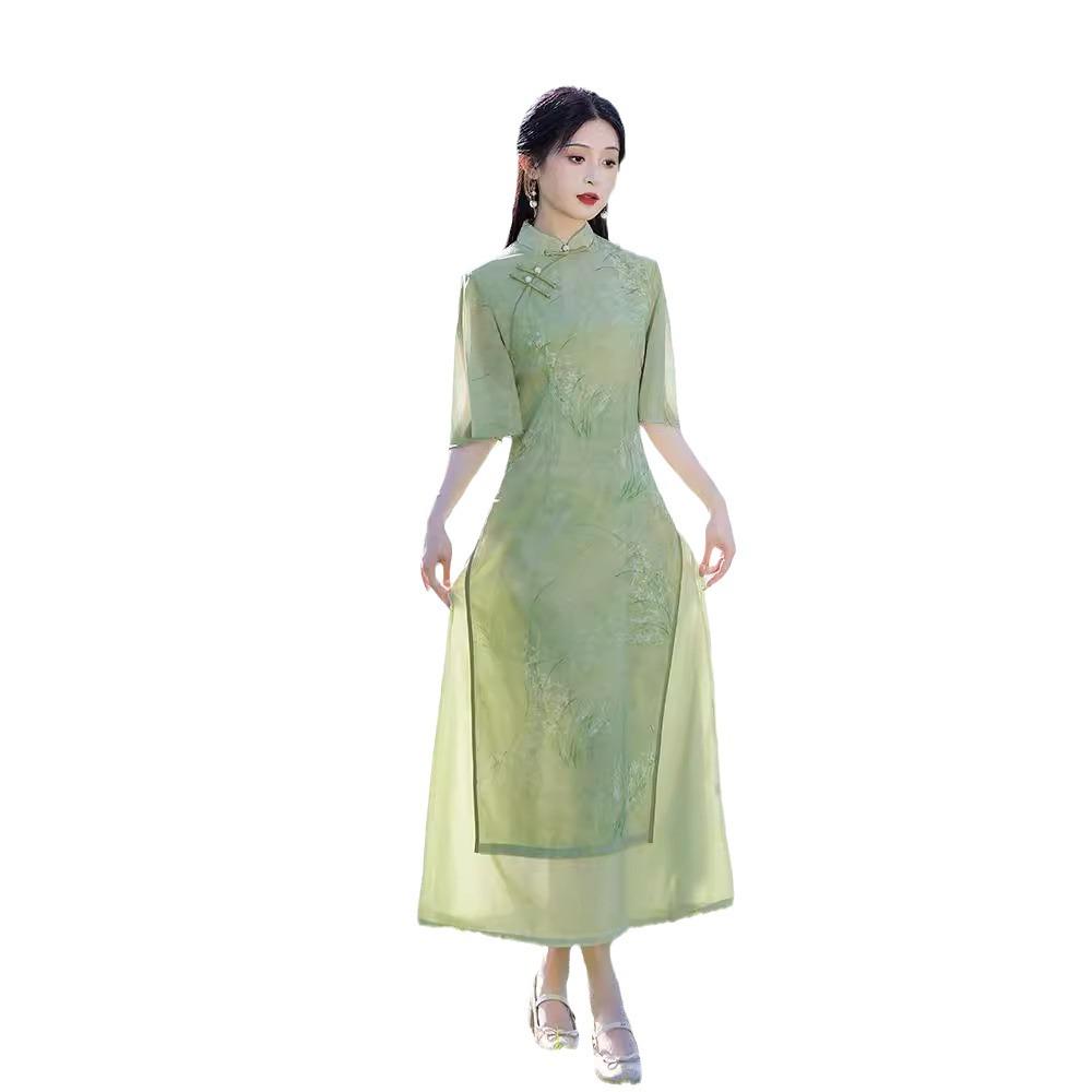 Orchid Green Summer 2025 Cheongsam: Chinese-Style Young Girl's Ao Dai Tea Dress for College Send-Off