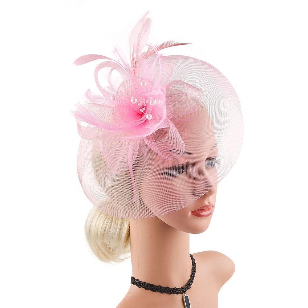 

Церковная шляпка-фасинатор Кентукки Дерби из жемчужной сетки с цветком и перьями для женщин розовый