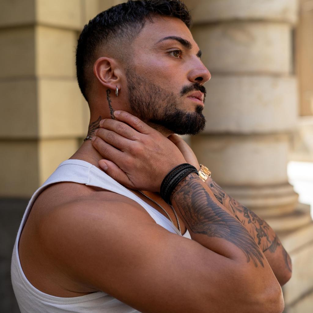 Bracelet Leather 23cm Black Bangle Arm Jewelry Chain Braided Wrap [SERASAR] Men's