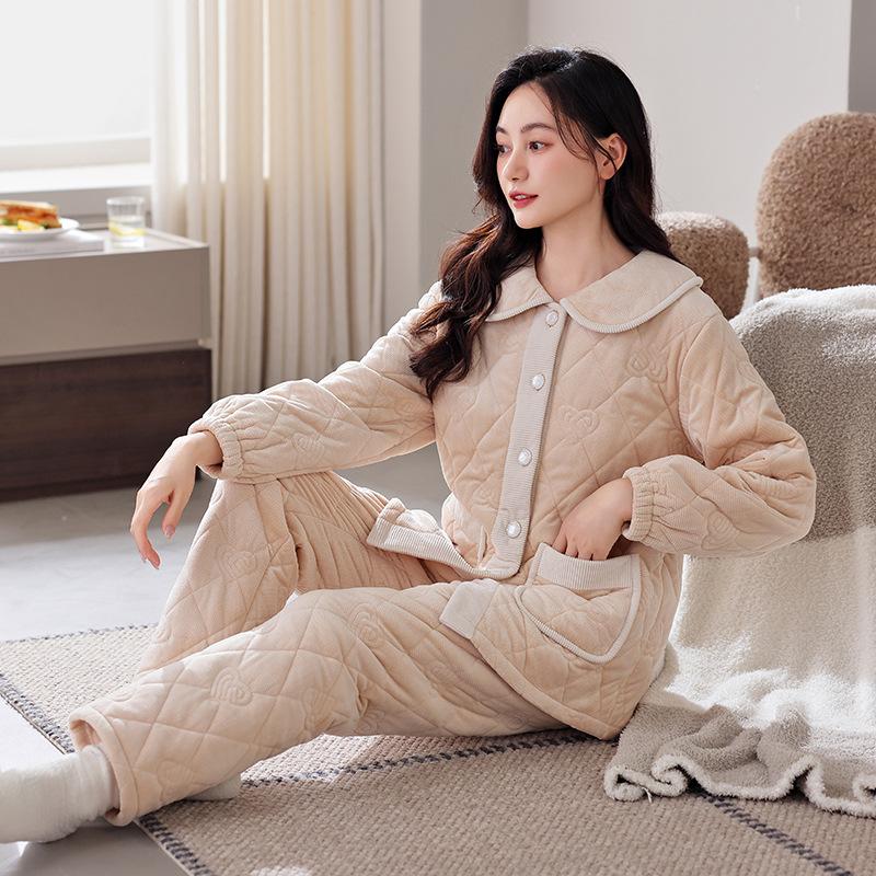 Pajamas Women'S Autumn And Winter Fleece Coral Fleece Winter Three-Layer Thin Cotton-Padded Warm Loungewear Set
