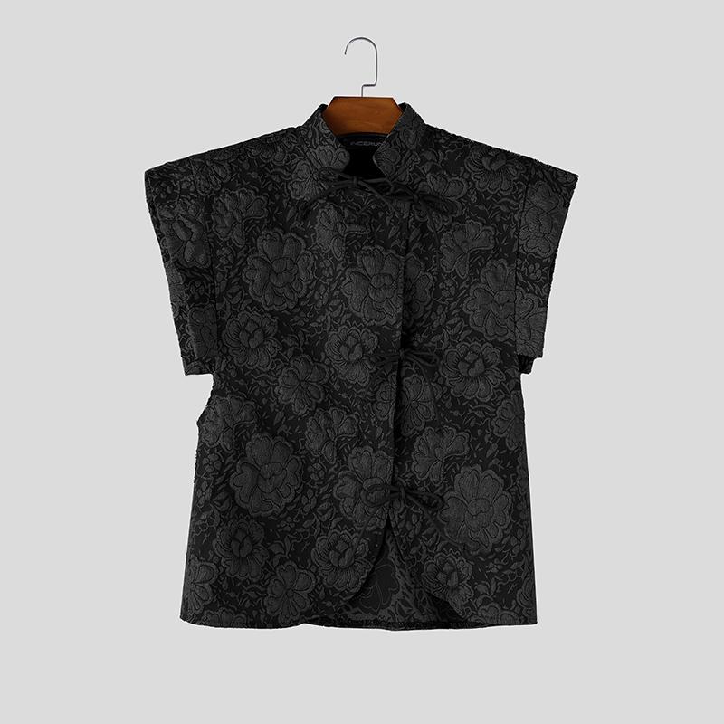 INCERUN Camisetas Casuales para Hombre de Verano Vintage de Manga Corta con Textura y Flores