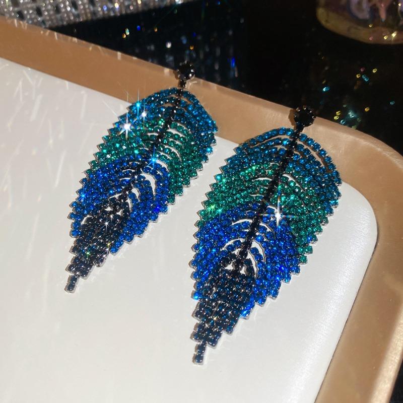Silver Needle Diamond Leaf Tassel Earrings Luxury Exaggeration Heavy Industry Earrings Design Sense Niche Earrings Women