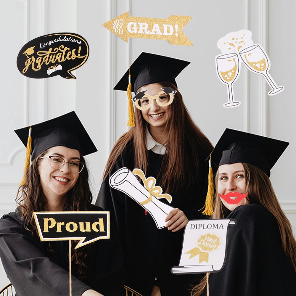 25pcs Black Golden Graduation Photo Props Class of 2026 Congratulation Happy Graduation Decor Bachelor Cap Beard Glasses