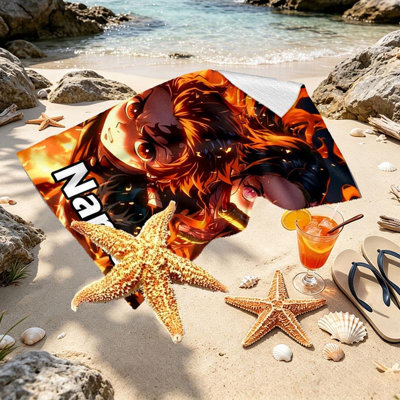 Custom Name Personalized Demon Slayer Print Beach Towel, for Trip Camping Beach Party Home Decor, Birthday Gift for Family & Friends