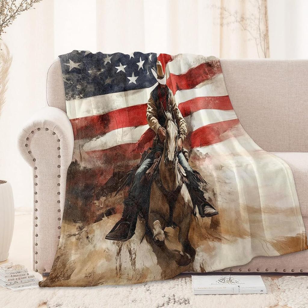 Cowboy Horse American Flag Blanket 50X60 In, Flannel Throw Blankets for Travel Camping Sofa Living Room Decor, Lightweight Cozy