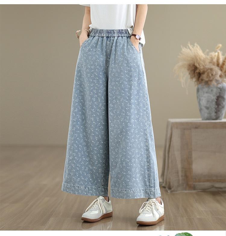 Retro New Chinese Style Personalized Printed Denim Wide-leg Pants Women's Summer New Loose Large Size Personalized Thin Casual Pants