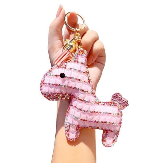 Bag Pendant Sparkling Rhinestones Plaid Pattern Keychain with Tassels Backpacks Handbags Cars Accessories