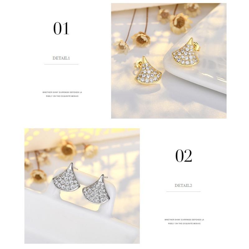 Full Diamond Small Skirt Fan Design Silver Needle Earrings For Women