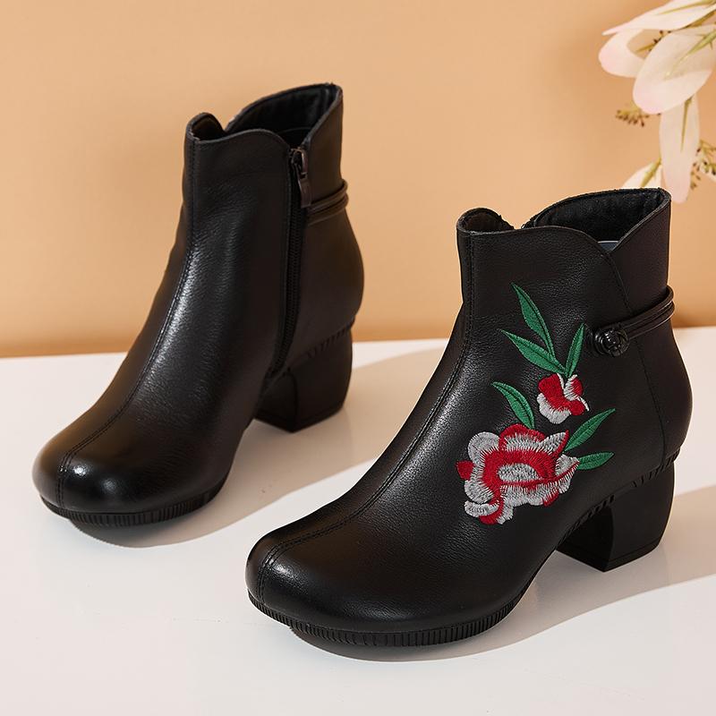 Fashion GKTINOO Floral Ankle Boots For Women Autumn Winter Genuine Leather Women's Boots Retro Handmade Comforable Shoes High Heels
