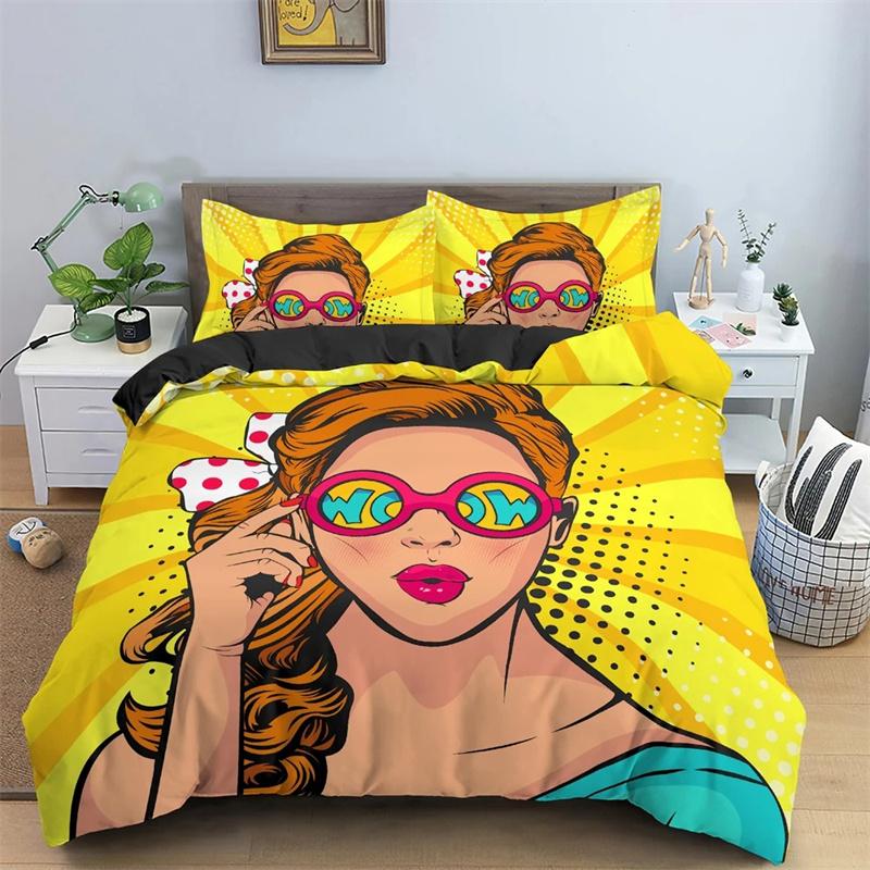 Cartoon Girls Duvet Cover Cute Lipstick Fashion Theme for Women Gifts for Bedroom Decorations with Pillowcase Queen King Size