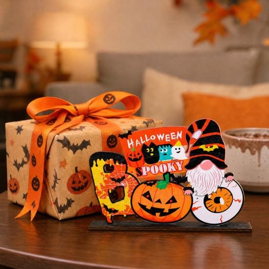 Wooden Halloween Ghost Pumpkin Figurine, Rustic Table Decor for Home Party, Spooky Shelf Decoration for Fall