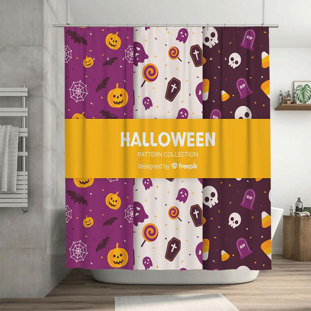 Purple Halloween-themed shower curtain set with candy corn design spooky and fun for your bathroom Great gift idea too #Hallow