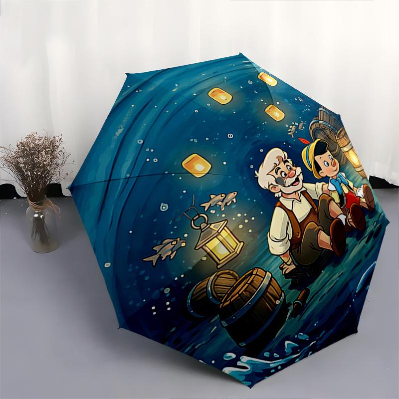 Disney Pinocchio, Whale Automatic Open/Close Umbrella - Cute Umbrella with Cute Design, Portable 3-Fold Compact Umbrella for Men & Women, Va