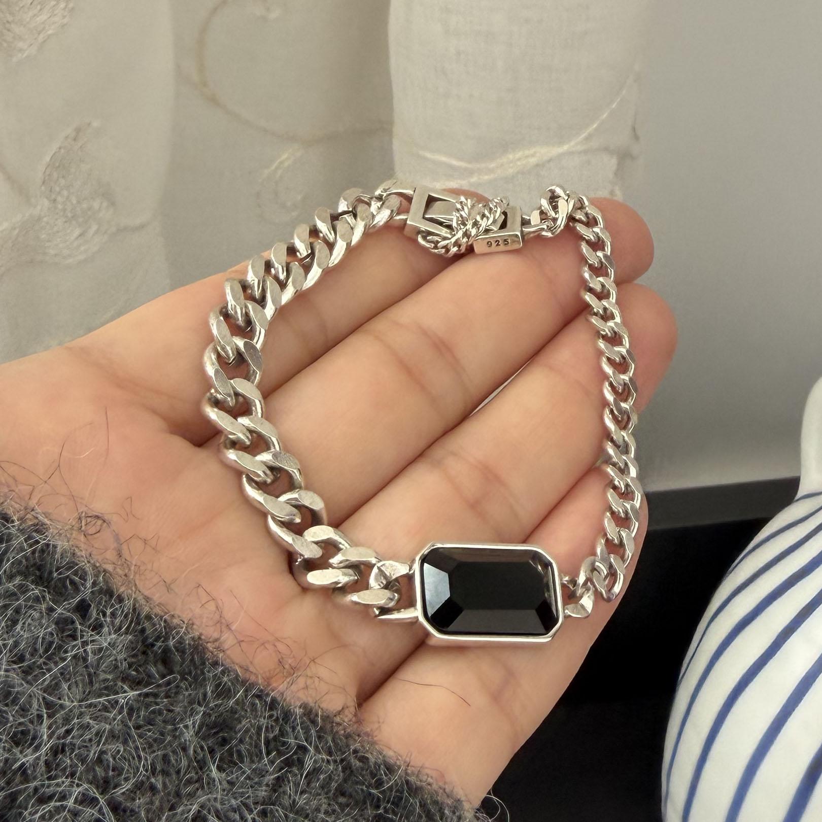 

100% Solid 925 Sterling Silver Retro Bracelet for Women Geometric Black Stone Handmade Sparkling Simple Bracelet Birthday Gift