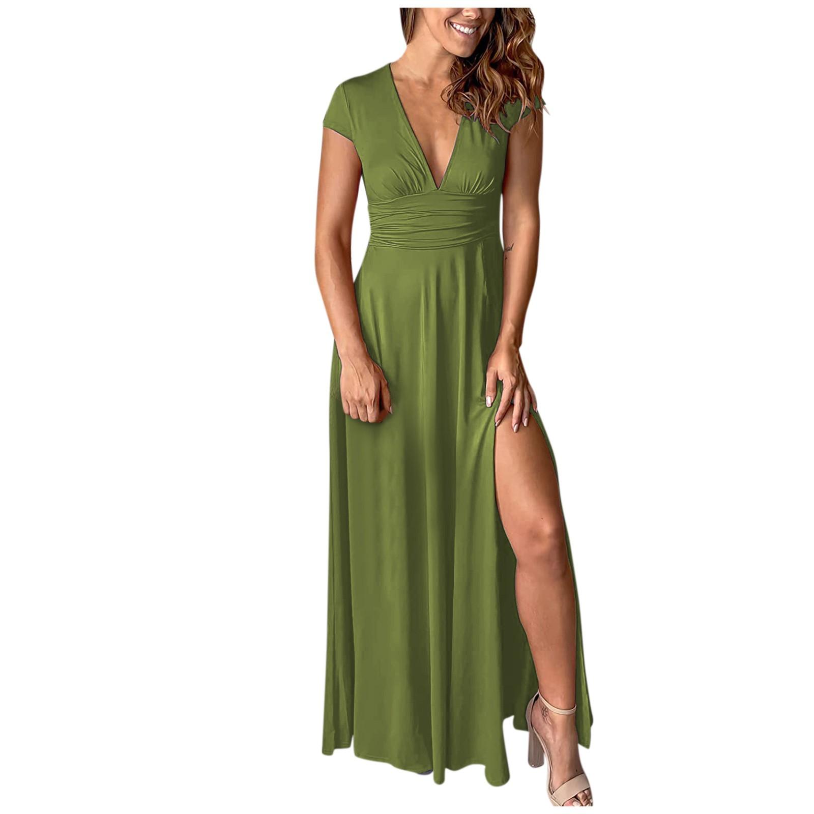 Женское однотонное платье с глубоким v-образным вырезом и короткими рукавами — фото 3