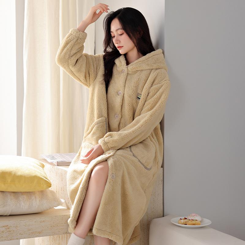 Couple Nightgown Autumn and Winter Thickened Fleece Coral Fleece Cardigan Pajamas Can Be Worn Plush Men's and Women's Hooded Bathrobes