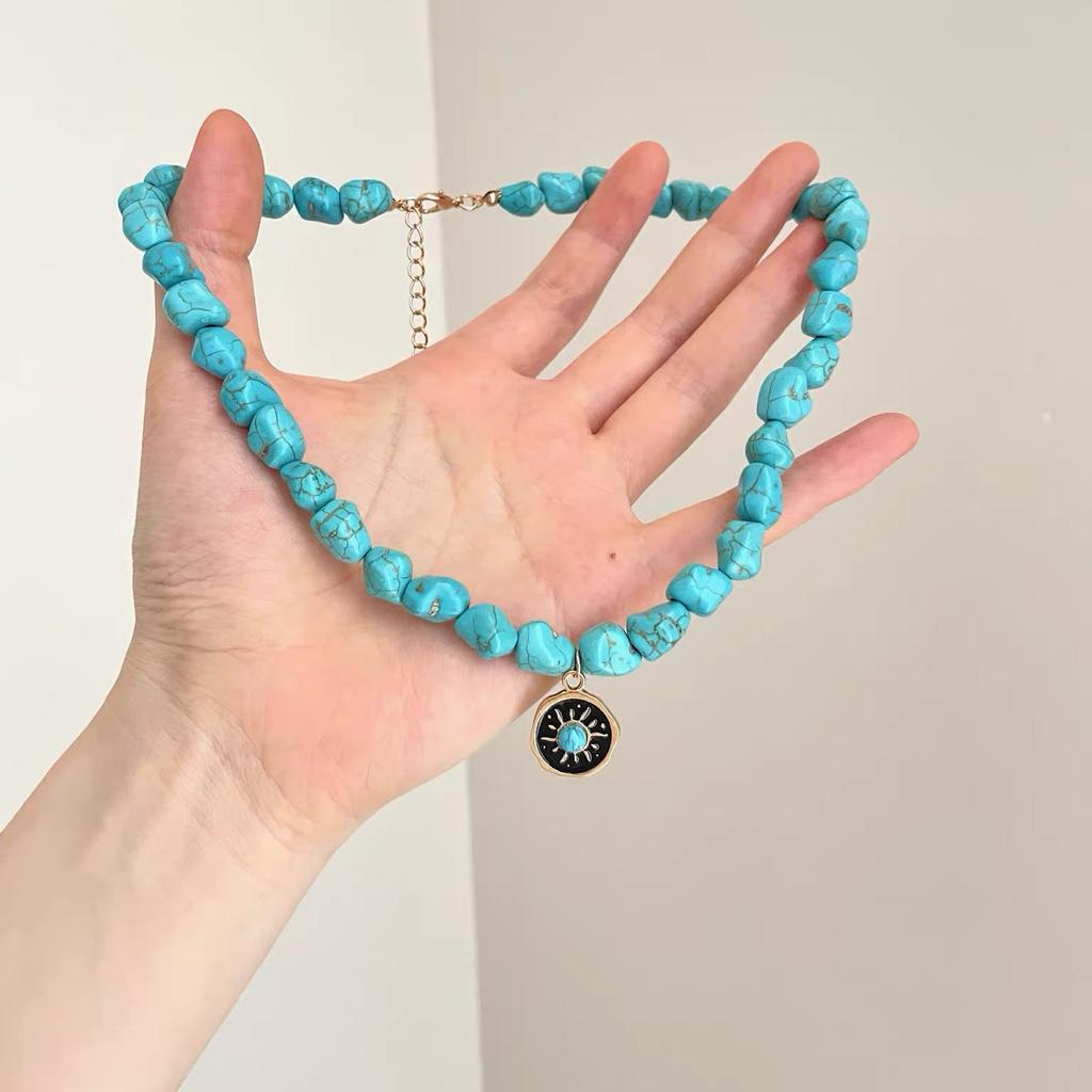 Retro Sunflower Imitation‑Turquoise Collarbone Chain, Hip‑Hop Niche‑Designed Unisex Necklace