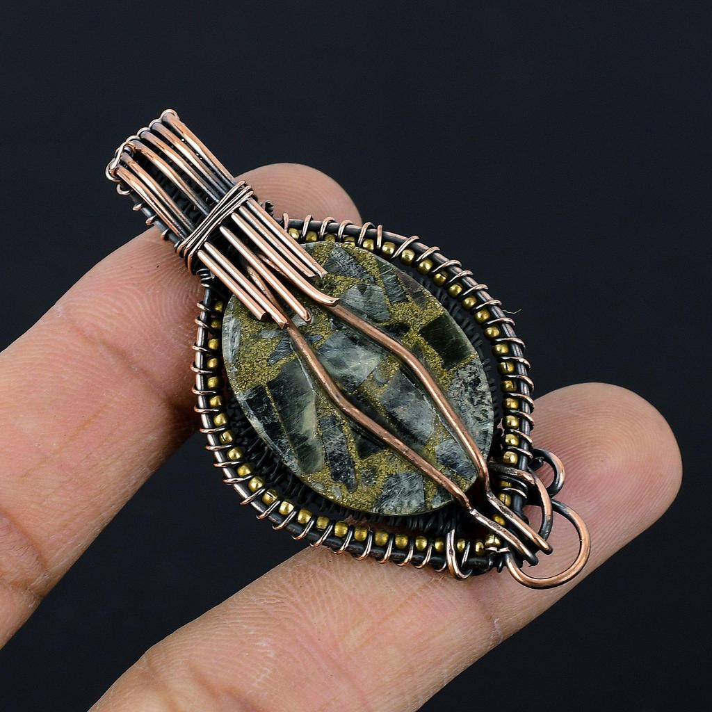 Copper Seraphinite Pendant, 999 Copper Wire Wrapped Gemstone Jewelry, Handmade Pendant, For Thanksgiving
