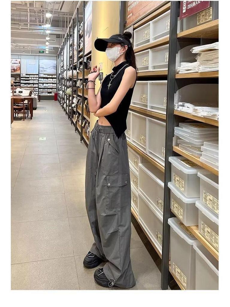Women's White Ice Silk High-Waist Wide-Leg Cargo Pants - Summer 2025, Slimming, Quick-Dry Style