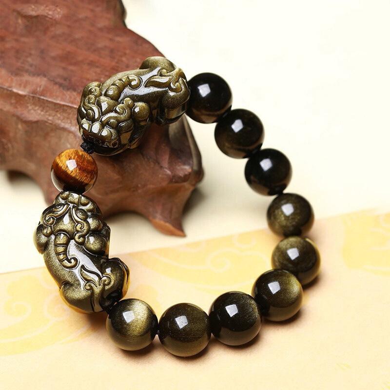Natural Gold Obsidian Pixiu Bracelet8-16mm Men's and Women's Smooth Curved Leather Beaded Bracelet with East China Sea Crystal