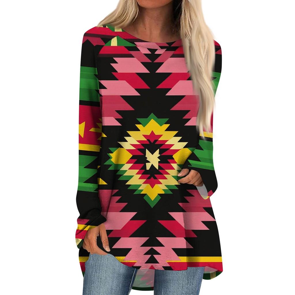 Women's Fashion Casual Long Sleeve  Print Round Neck Pullover Top Blouse