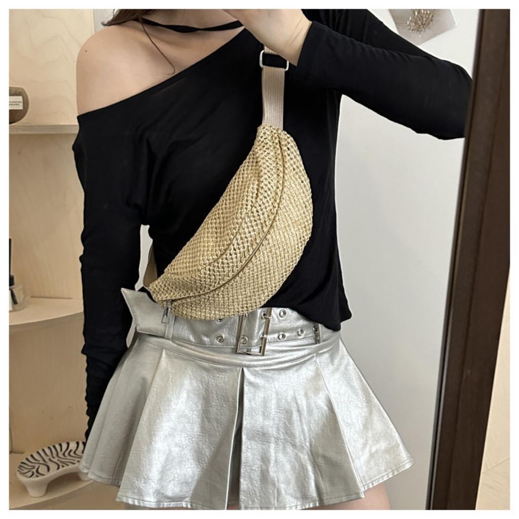 Women'S Stylish Woven Chest Bag - Light Brown, Breathable Crossbody Sling Phone Pouch with Zipper Closure, Versatile Waist Pack for Beach, Sports