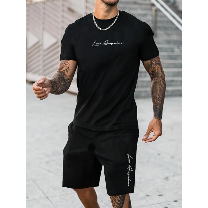 Men s 100 Cotton T-shirt Set, Casual Oversized Set, Los Angeles Letter Pattern Print, Lightweight and Breathable Texture S