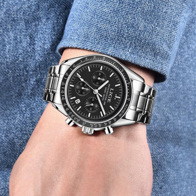LIGE Mens Watches Business Fashion Quartz Wristwatch Stainless Steel Waterproof Chronograph Luminous Auto Date Watch for Men
