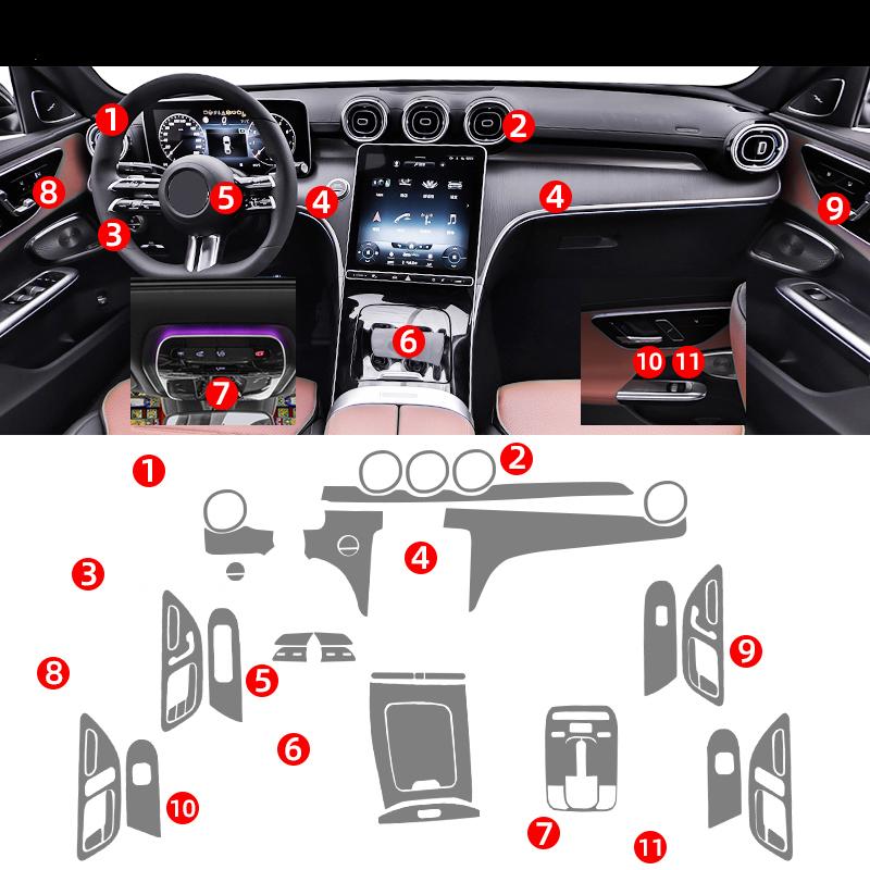 TPU für Benz Mercedes C-Klasse C200 C260 Transparenter Schutzfilm Auto Innenraum Aufkleber Zentrales Bedienfeld Gangschaltung Tür Luftauslass