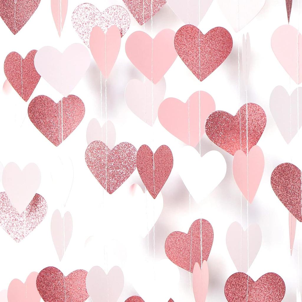 Rose-Gold Pink Burgundy-Red Party-Decorations Garland - 52Ft Heart Paper Streamers Banner, Valentines Mothers Day Bachelorette Bridal Shower