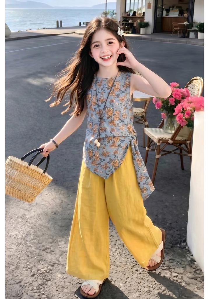 Mädchen-Tanktop mit Blumenmuster, ärmellos, und Hose mit weitem Bein, Set (Sommer 2026) - Stylisches zweiteiliges Set für ältere Kinder