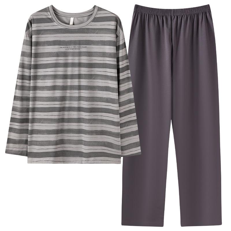 Pyjama Herren Frühling und Herbst Baumwolle Langarm Gestreift Hausanzug Herbst Herren Rundhals Große Größe Zweiteiliges Set